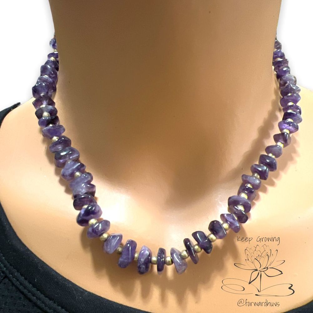 Vintage Hand Made Natural Polished Amethyst Gem Stones 16" Necklace